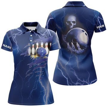 Women's Blue Lightning Bowling Polo Shirt - Custom Name & Team Skull N6022