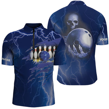 Men's Blue Lightning Bowling Quarter-Zip Shirt - Custom Name & Team Skull N6022