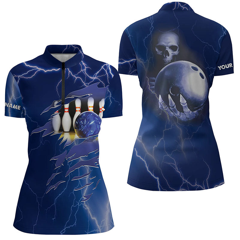 Women's Blue Lightning Bowling Quarter-Zip Shirt - Custom Name & Team Skull N6022