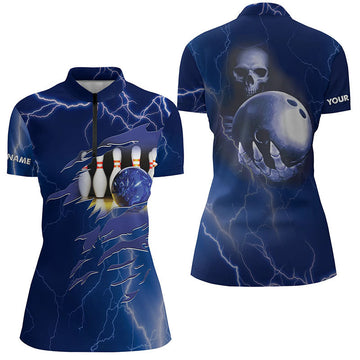Women's Blue Lightning Bowling Quarter-Zip Shirt - Custom Name & Team Skull N6022
