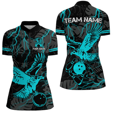 Black Cyan Blue Eagle Bowling Polo 1/4 Zip for Women N8360