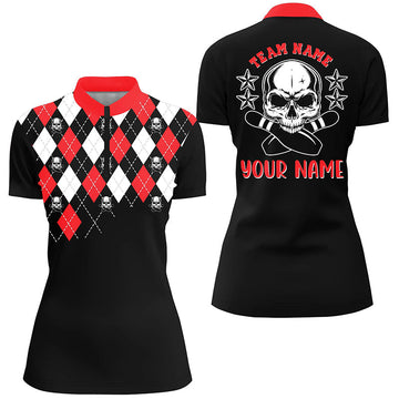 Women's Custom Black & Red Argyle Bowling Quarter Zip Shirt N6916