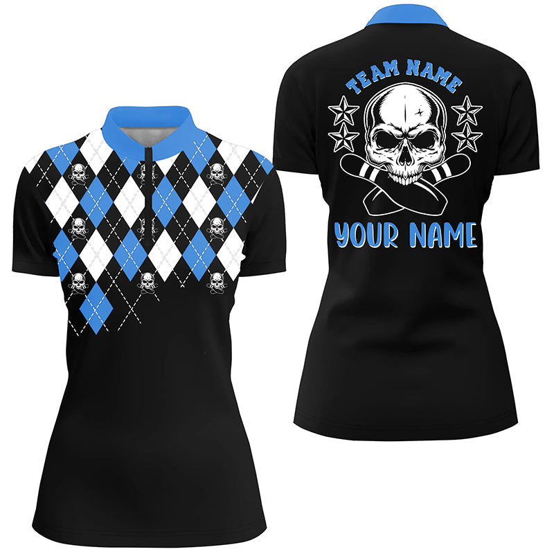 Women's Custom Black & Blue Argyle Bowling Quarter Zip Shirt N6917