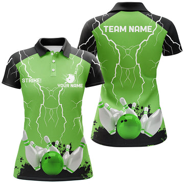 Women's Green Bowling Polo Shirt - Custom Lightning Storm Design N7083