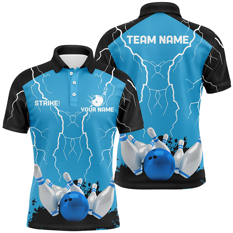 Men's Blue Bowling Polo Shirt - Lightning Storm Design N7084