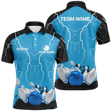 Men's Blue Bowling Polo Shirt - Lightning Storm Design N7084