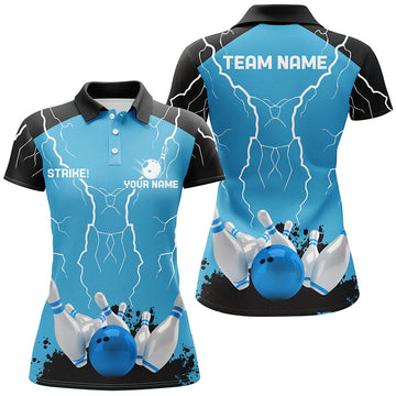 Women's Blue Bowling Polo Shirt - Custom Lightning Storm Design N7084