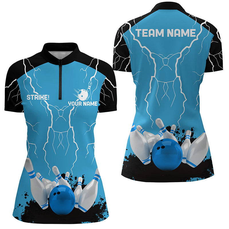 Women's Bowling Quarter Zip Shirt - Blue Lightning Storm Team Jersey N7084