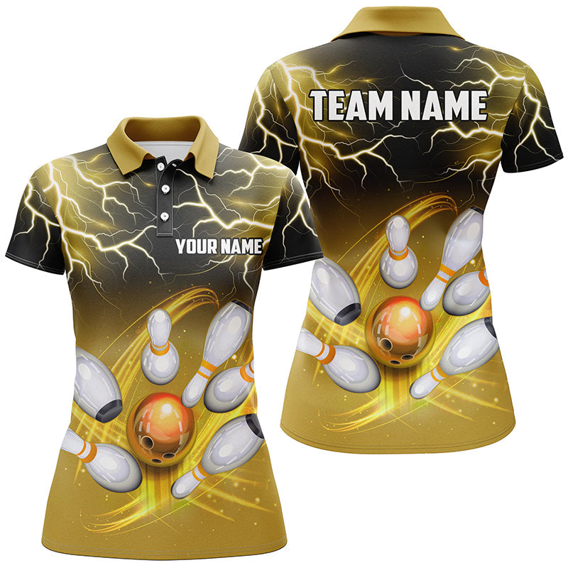 Women's Black & Yellow Bowling Polo Shirt - Custom Thunder Design N7086