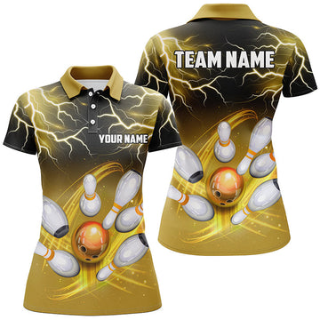 Women's Black & Yellow Bowling Polo Shirt - Custom Thunder Design N7086