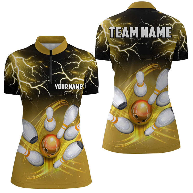 Women's Bowling Quarter Zip Shirt - Custom Black & Yellow Lightning Thunder Team Jersey N7086