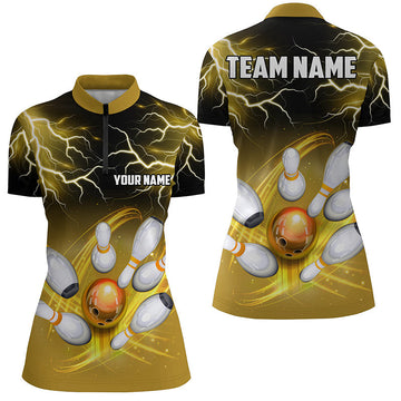 Women's Bowling Quarter Zip Shirt - Custom Black & Yellow Lightning Thunder Team Jersey N7086