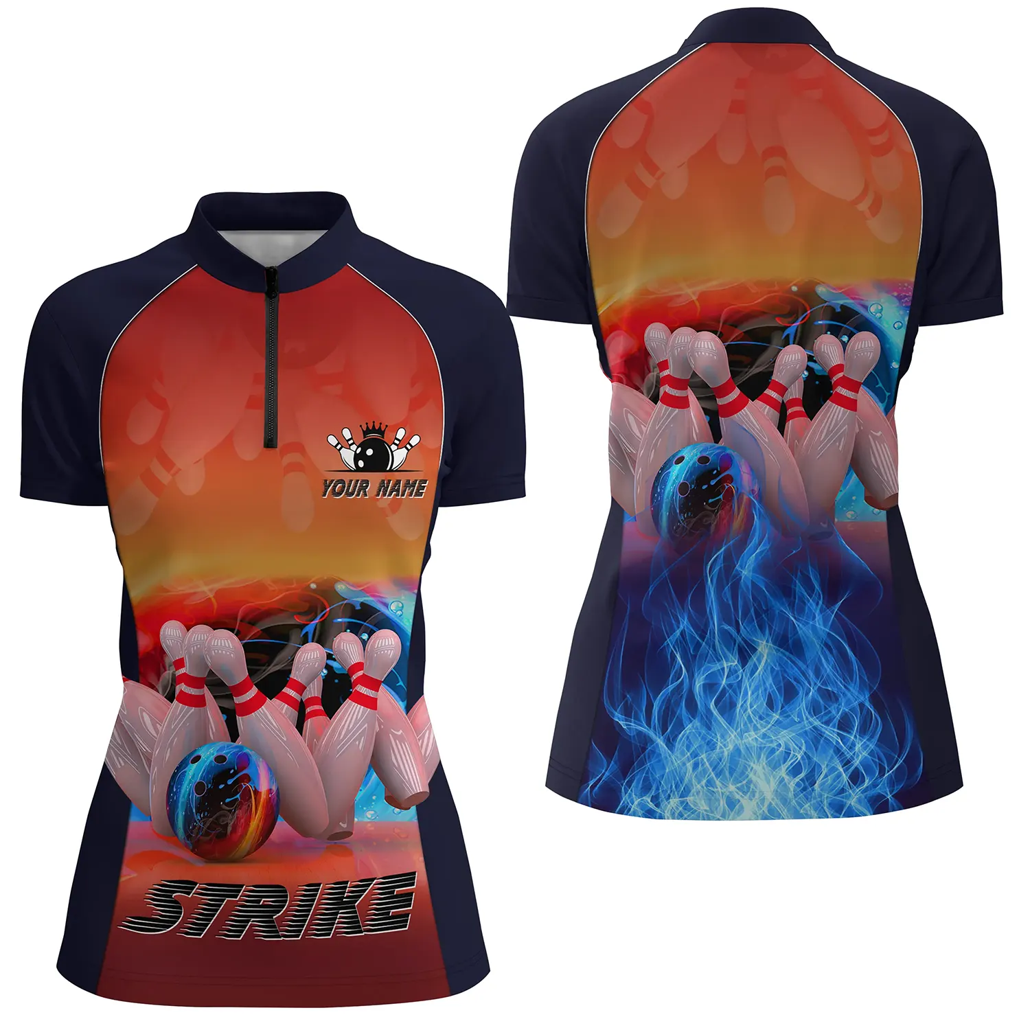 Women's Blue Fire Quarter Zip Bowling Shirt with Custom Name N4813
