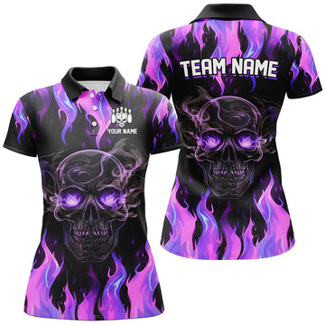 Purple Flame Skull Bowling Polo Shirt for Women - Custom Halloween Team Jersey N8368