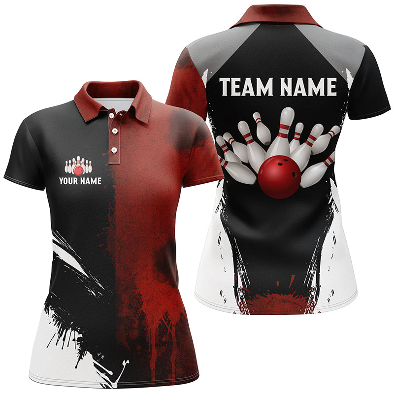Women's Black & Red Bowling Polo Quarter Zip Shirt N7948