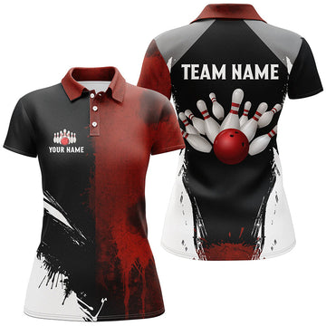 Women's Black & Red Bowling Polo Quarter Zip Shirt N7948