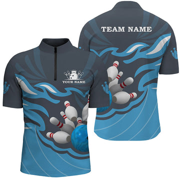 Men's Blue Bowling Quarter Zip Shirt - Custom Team Jersey N6266