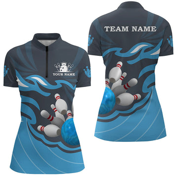 Women's Bowling Quarter Zip Shirt - Custom Team Jersey, Blue N6266