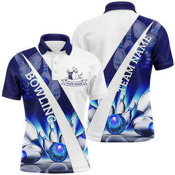 Men's White Bowling Polo with Custom Blue Light Pins N6732