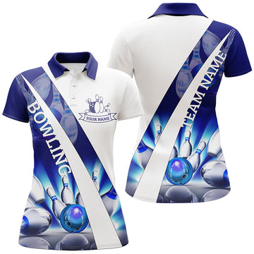 Women's White Bowling Polo Shirt with Custom Blue Light Pins N6732