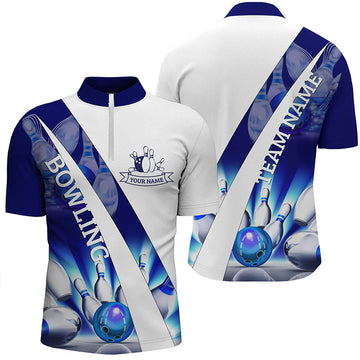 Men's White Bowling Quarter Zip Shirt with Custom Blue Light Pins N6732