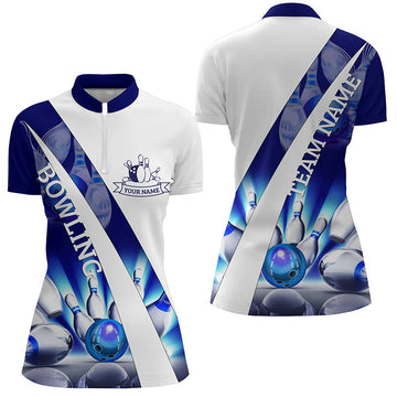 Women's White Bowling Quarter Zip Shirt with Custom Blue Light Pins N6732