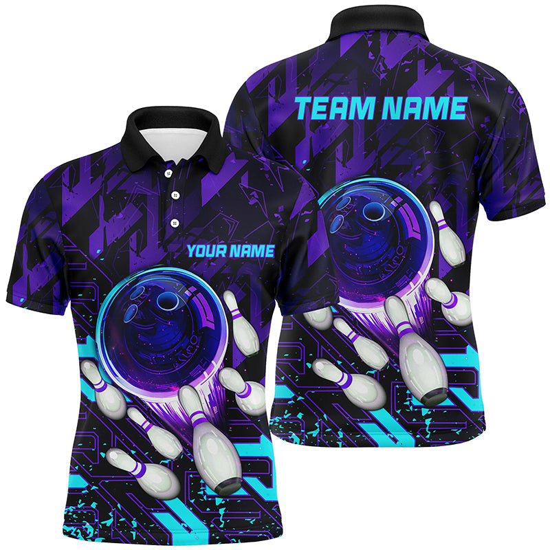 Men's Bowling Polo Shirt - Custom Purple & Blue Abstract Design N7096