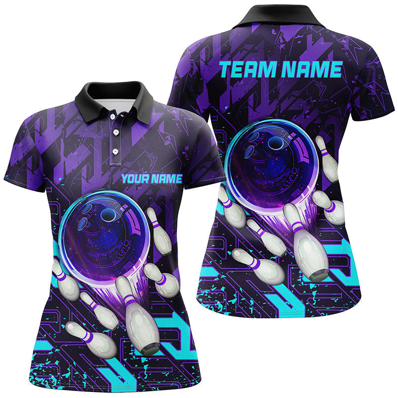 Women's Custom Purple Blue Abstract Bowling Polo Shirt N7096