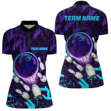 Women's Purple Blue Abstract Bowling Quarter Zip Jersey N7096
