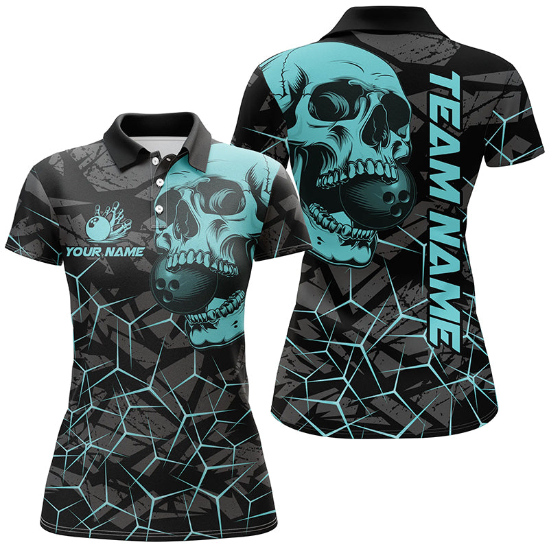 Turquoise Skull Camo Bowling Shirt for Women N7567