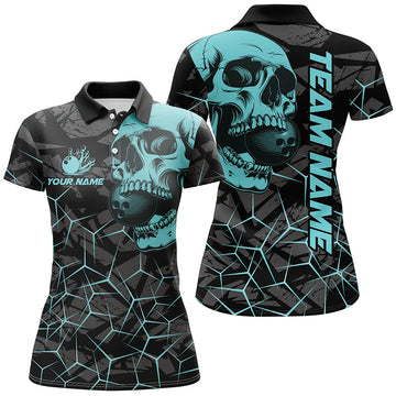 Turquoise Skull Camo Bowling Shirt for Women N7567