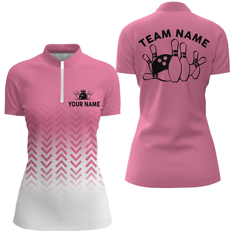 Women's Pink Retro Bowling Quarter Zip Shirt N6938