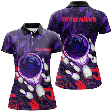 Women's Purple Red Abstract Bowling Polo Shirt N7101