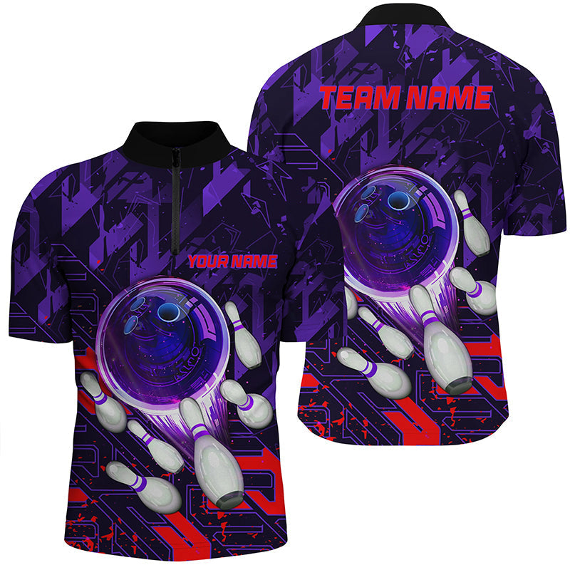 Men's Bowling Quarter Zip Shirt - Custom Purple & Red Abstract Design N7101