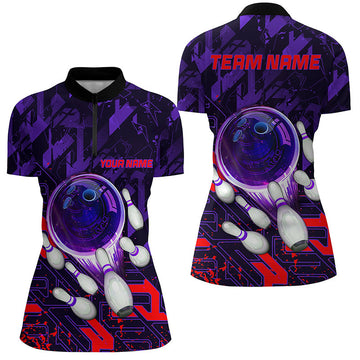 Women's Purple Red Abstract Bowling Quarter Zip Jersey N7101