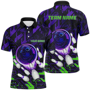 Men's Bowling Polo Shirt - Custom Purple & Green Abstract Design N7102