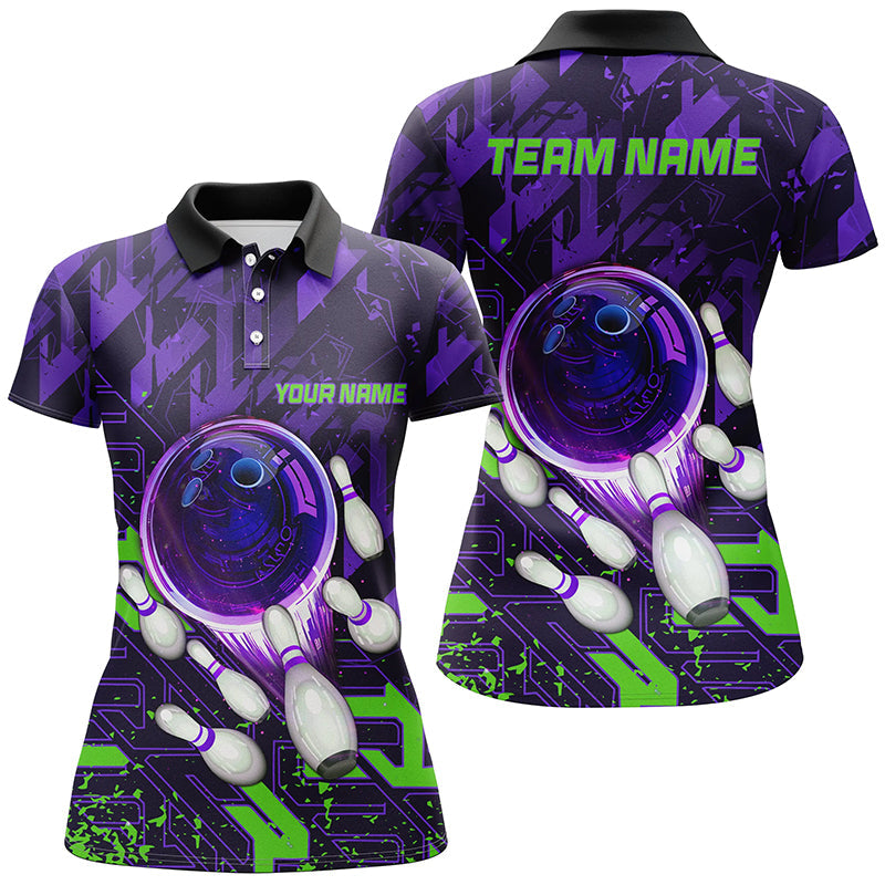 Women's Custom Purple & Green Abstract Bowling Polo Shirt N7102