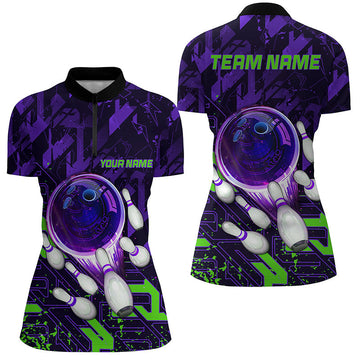 Women's Purple & Green Abstract Bowling Quarter Zip Jersey N7102