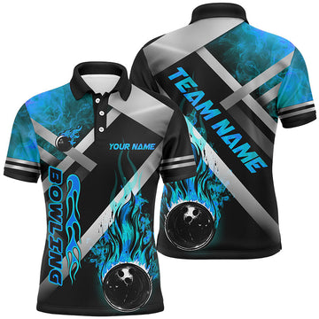 Men's Custom Black Flame Bowling Team Shirt - Blue N7573