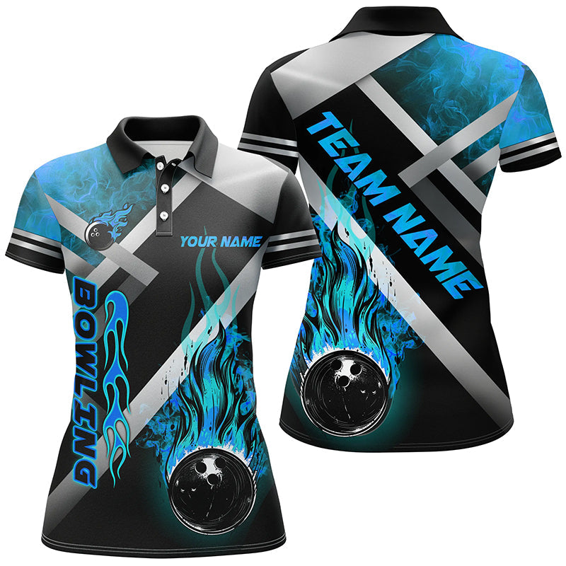 Women's Custom Black Flame Bowling Team Shirt - Blue N7573