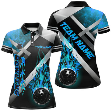 Women's Custom Black Flame Bowling Team Shirt - Blue N7573