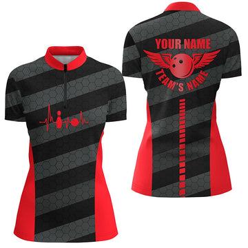 Women's Red Quarter Zip Bowling Team Shirt N7219