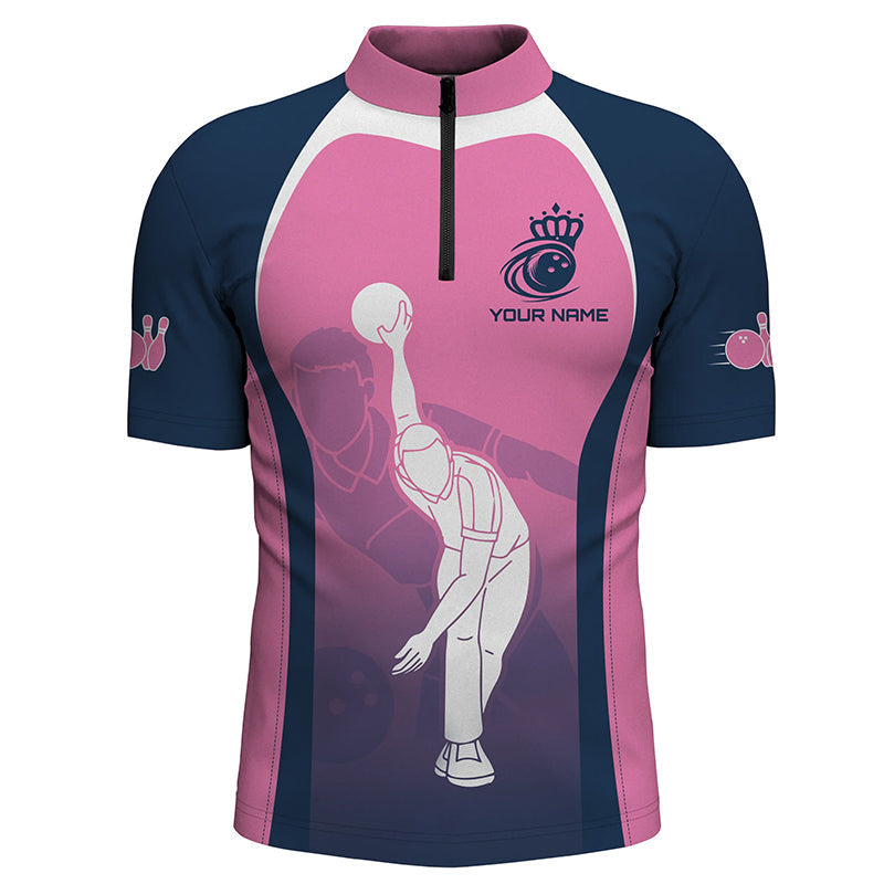Men's Blue & Pink Bowling Quarter Zip Shirt - Custom Team Jersey N7221