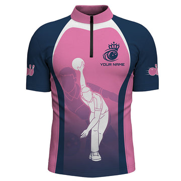 Men's Blue & Pink Bowling Quarter Zip Shirt - Custom Team Jersey N7221