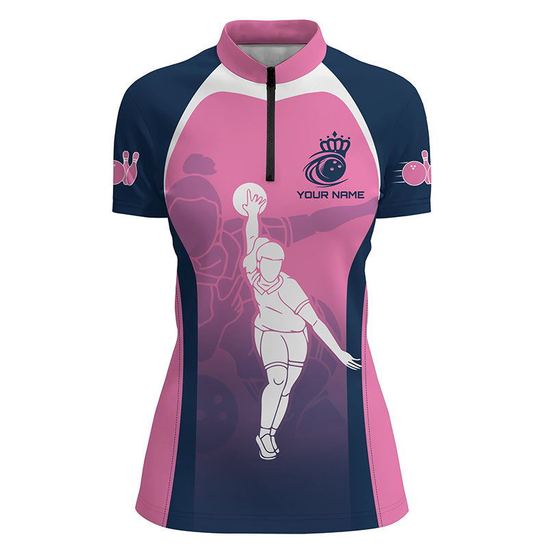 Women's Custom Bowling Team Quarter Zip - Blue/Pink N7221