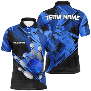 Men's Custom Bowling Polo - Black & Blue Flame Quarter Zip N7579