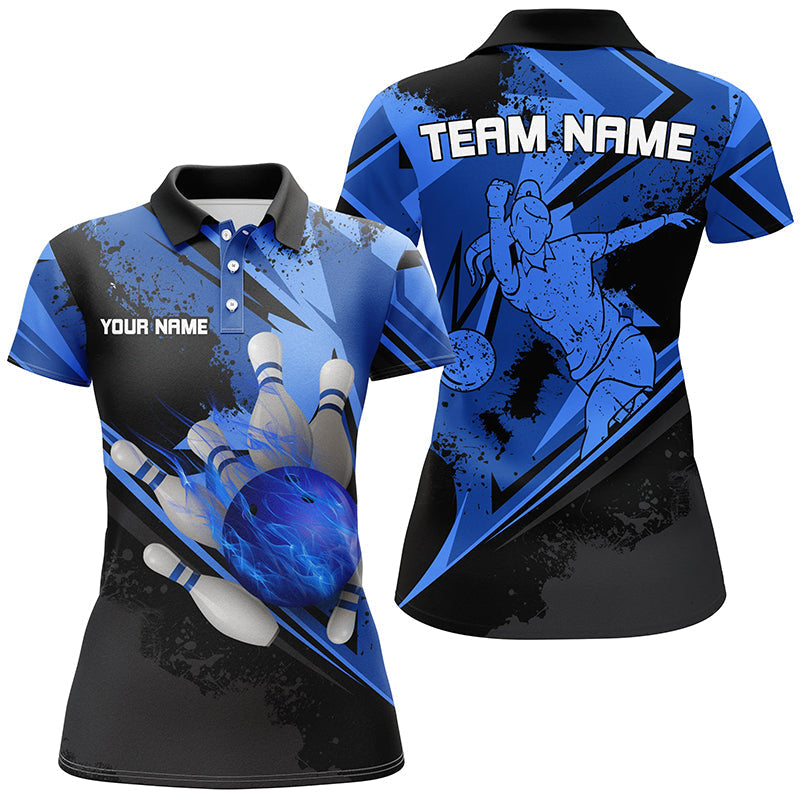 Women's Black & Blue Flame Bowling Polo, Quarter Zip N7579