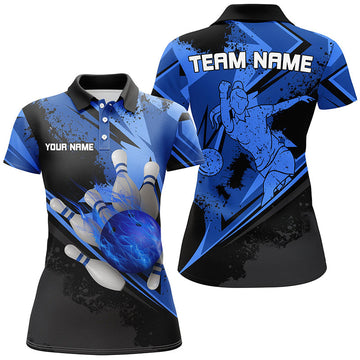 Women's Black & Blue Flame Bowling Polo, Quarter Zip N7579