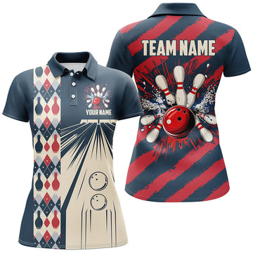 Women's Retro Bowling Polo, Red, White & Blue, Quarter Zip N7722