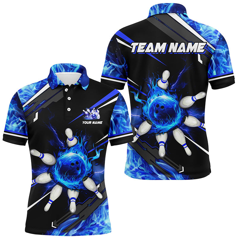 Men's Black & Blue Flame Bowling Polo Shirt, Quarter Zip Custom Team Jersey N7972